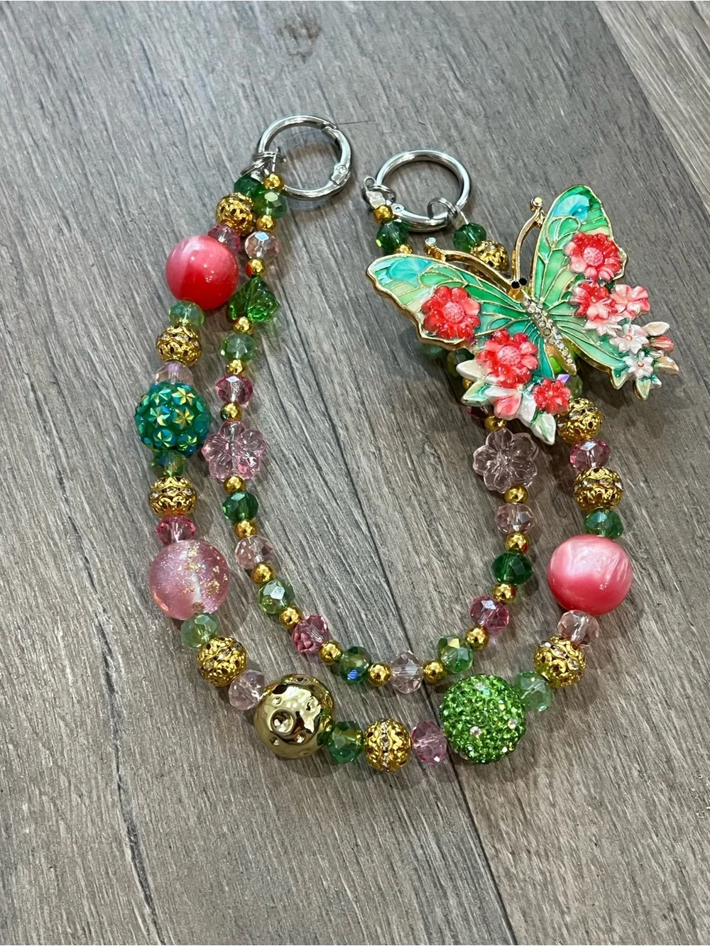 Handcrafted Butterfly Charm Beaded Bracelet - Green & Pink